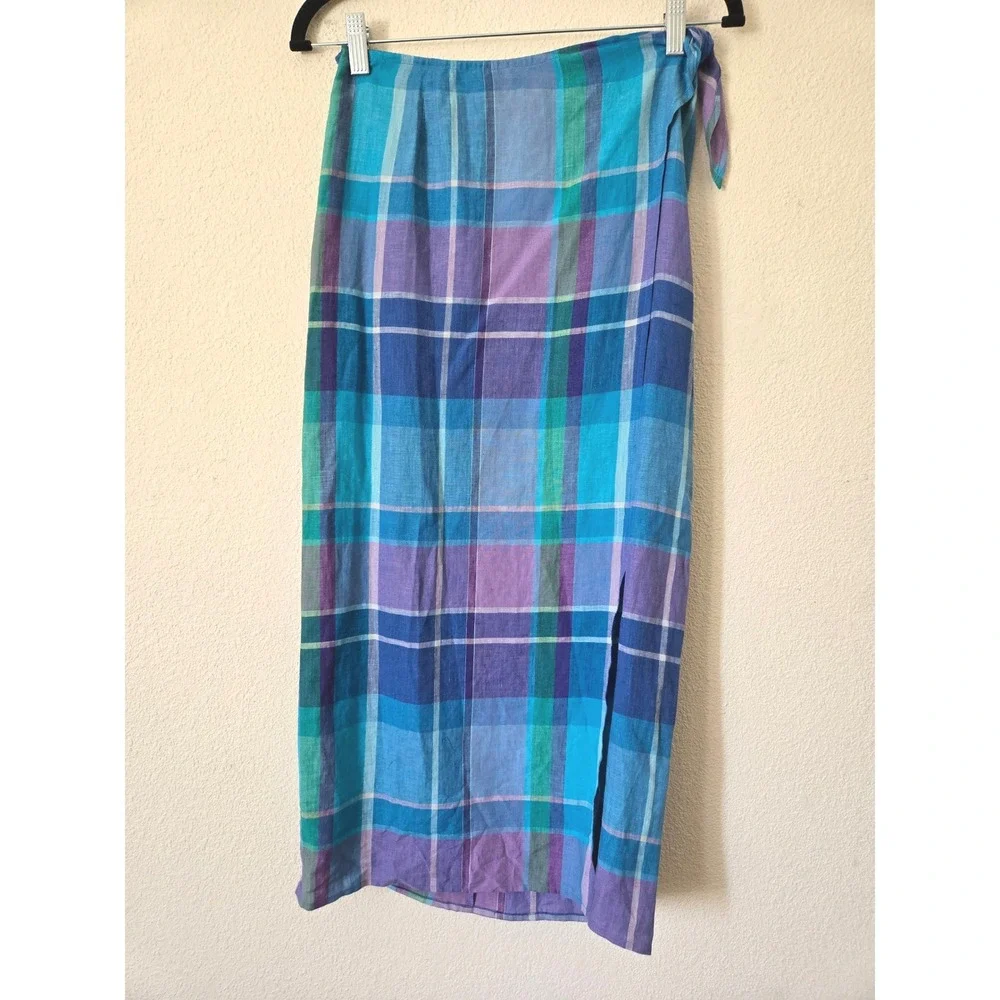 Lauren Ralph Lauren Womens 2 Petite Wrap Skirt Blue Plaid Linen Midi Preppy